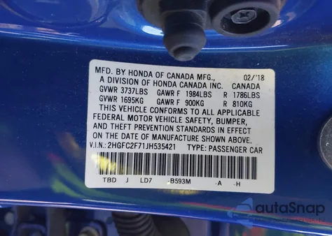 2018 Honda Civic Ex z USA, uszkodzony, nr VIN 2HGFC2F71JH535421